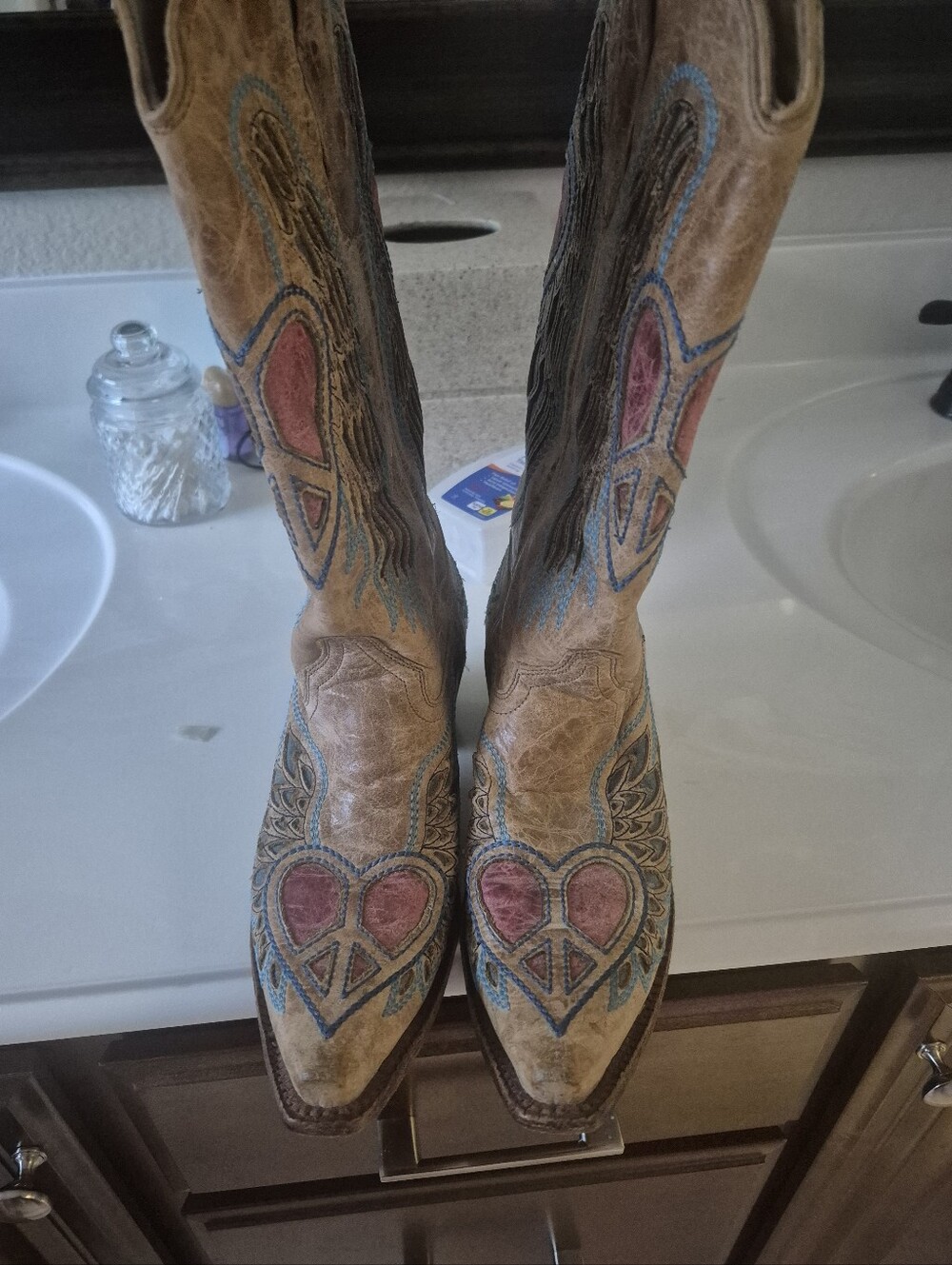 Corral Western Boho Cowboy Boots; Hearts Wings Peace | Tan w/ Red & Blue Detail